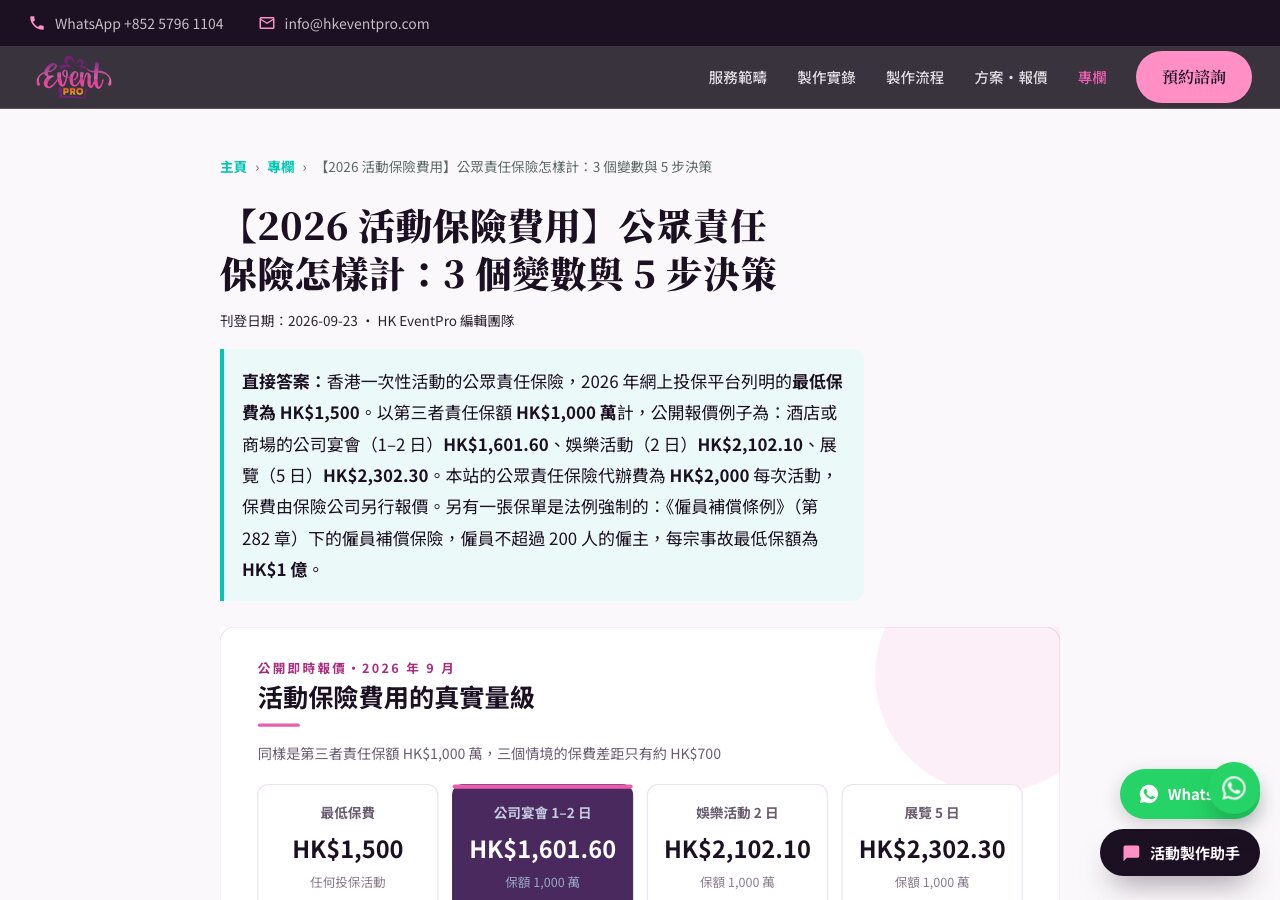 本公司同集團活動製作品牌的一篇專欄文章，桌面版截圖，標題下方有一段以「直接答案」開頭的答案框，列出保費金額與條件
